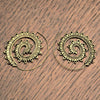 Handmade pure brass, tribal dotwork decorated, spiral hoop earrings designed by OMishka.