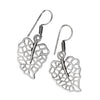 Handmade nickel free solid silver, dainty skeleton leaf drop hook earrings designed by OMishka.