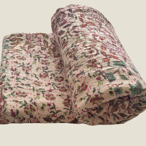 Green Floral Kantha Bed Cover & Throw - 30