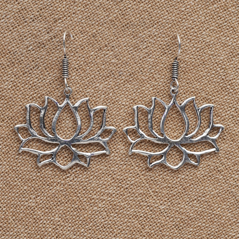 Handmade solid silver, large open lotus flower, drop hook earrings designed by OMishka.
