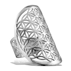 A large, adjustable, nickel free solid silver, flower of life ring designed by OMishka.