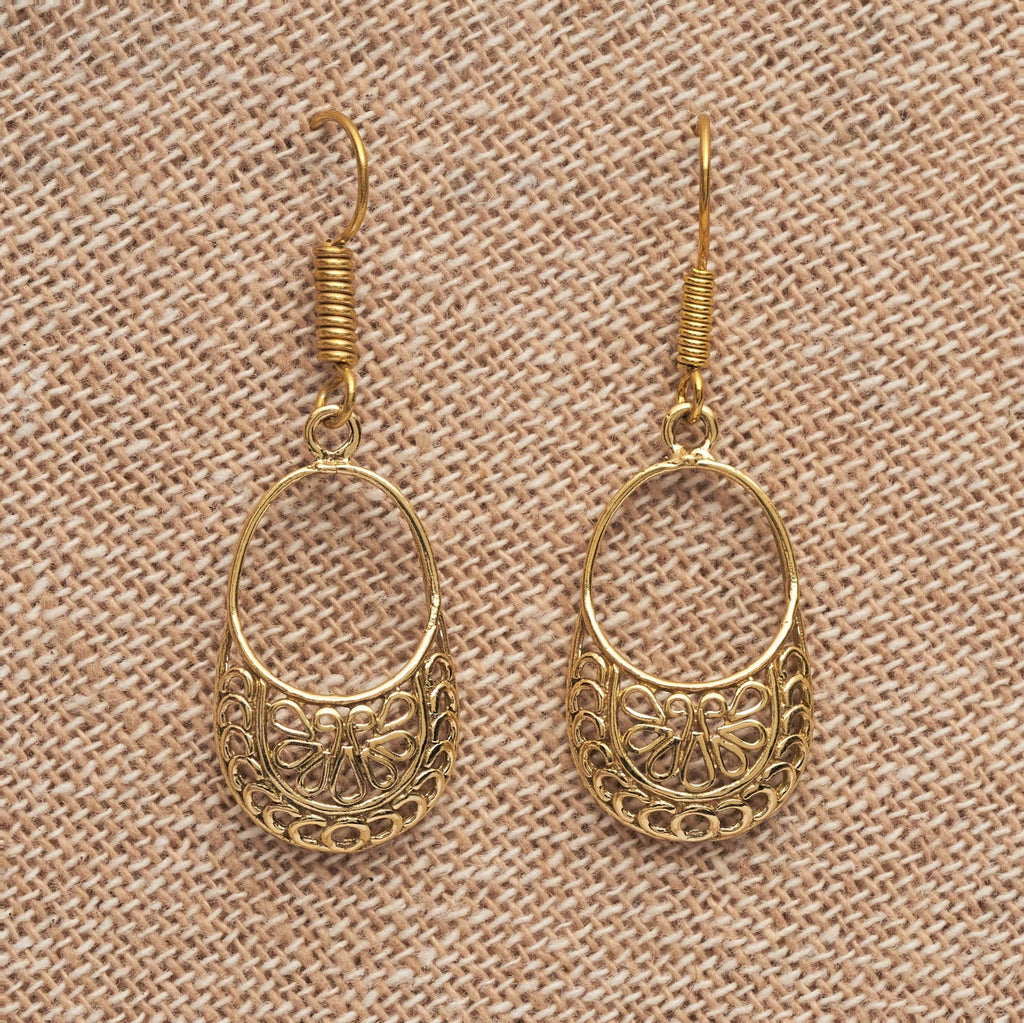 Dainty, nickel free pure brass, open circle filigree, drop earrings designed by OMishka.