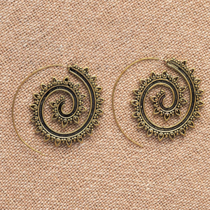 Handmade nickel free pure brass, tribal dotwork decorated, spiral hoop earrings designed by OMishka.