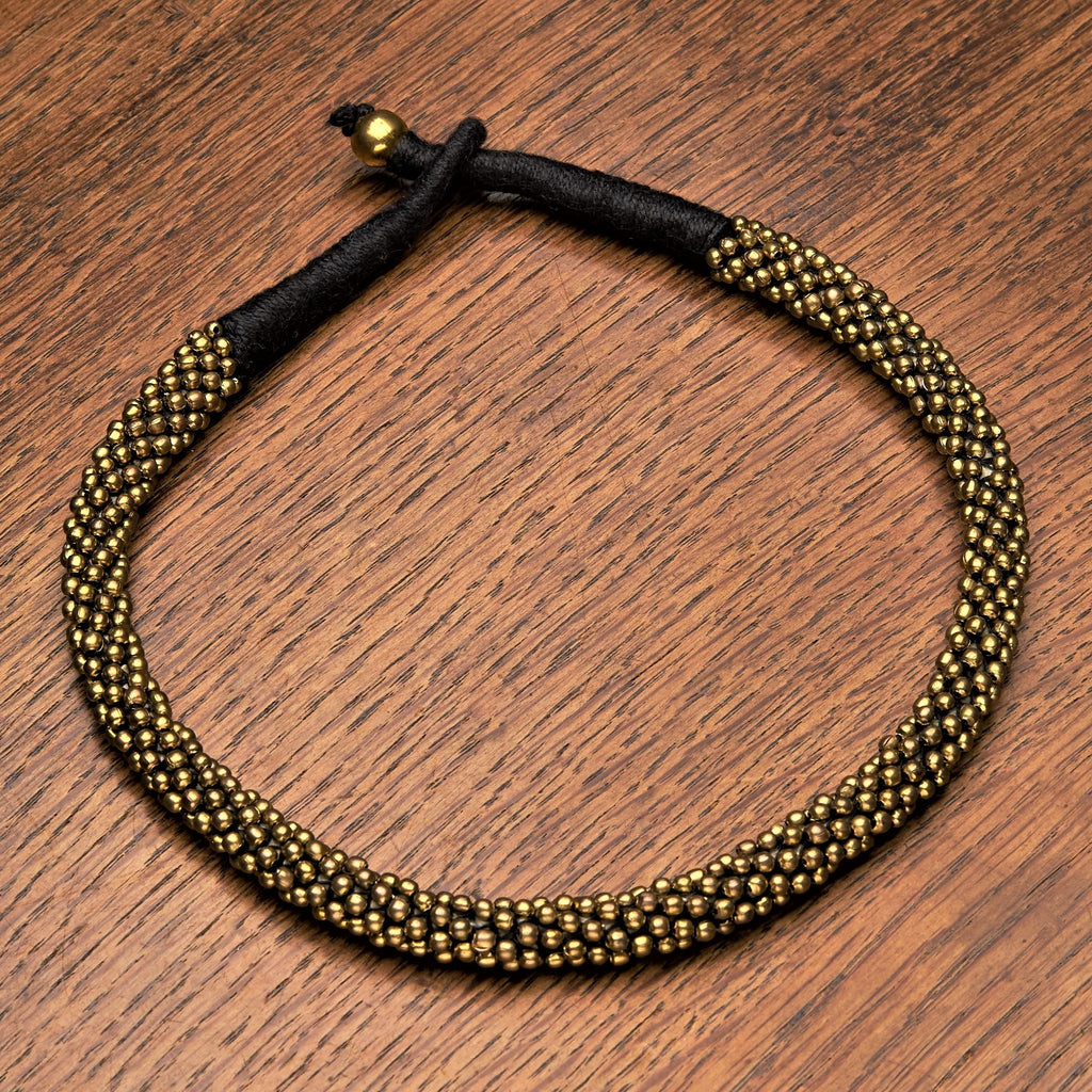 Handmade and nickel free, tiny pure brass beaded, black woven hemp cord, collar necklace designed by OMishka.