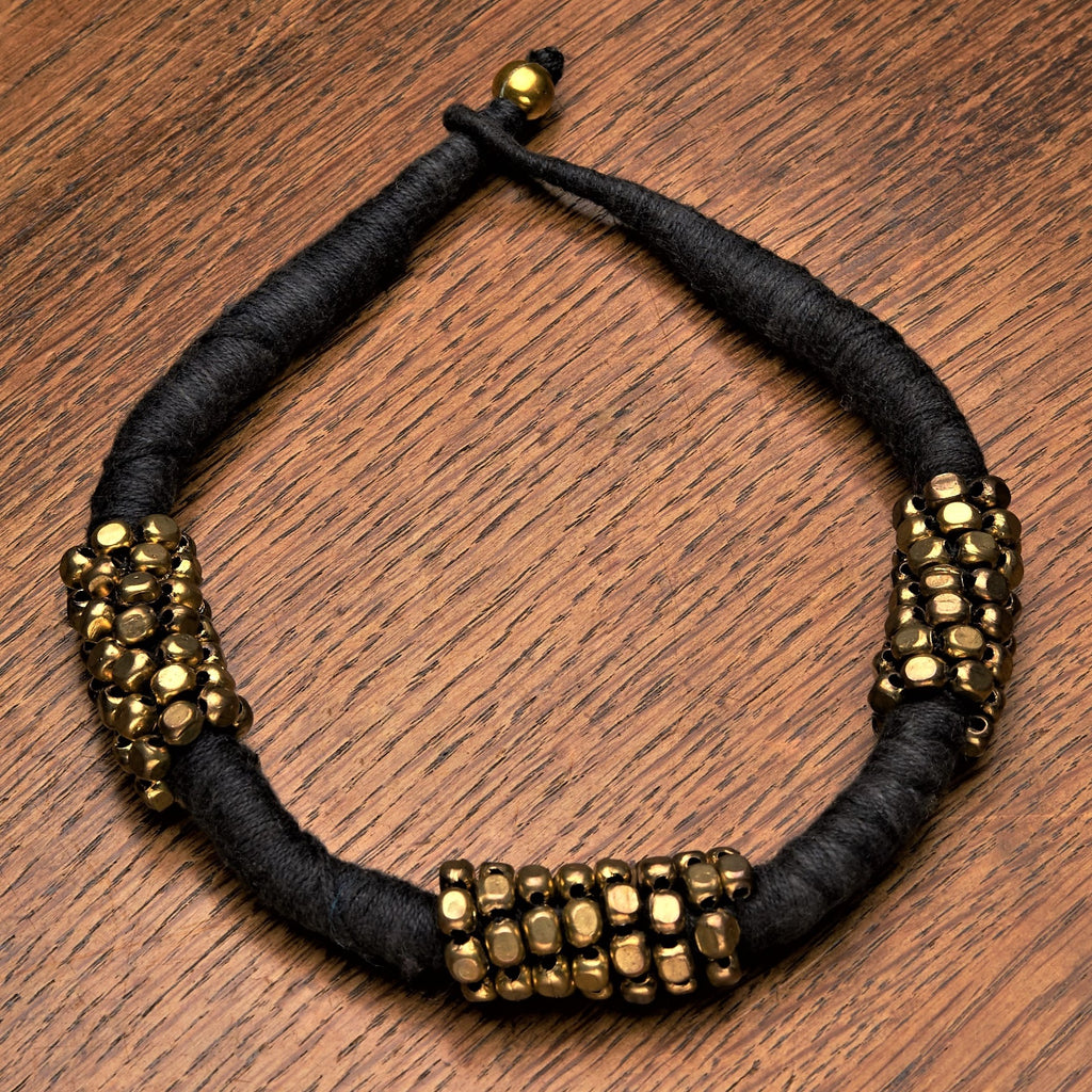 Handmade and nickel free, chunky pure brass beaded, black woven hemp cord, choker necklace designed by OMishka.