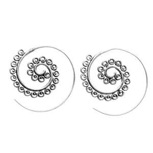 Handmade nickel free solid silver, tiny circle and dot patterned, dainty spiral hoop earrings designed by OMishka.