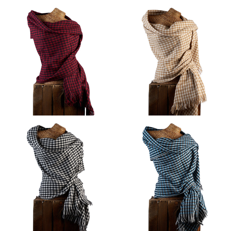 The OMishka collection of handloom bamboo, chequered oversized blanket scarves.