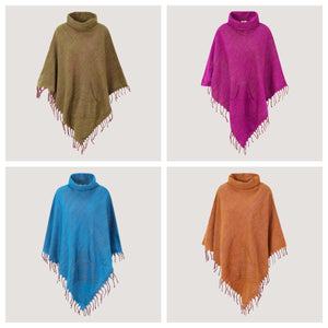 A colourful collection of sustainable bamboo, roll neck ponchos designed by OMishka