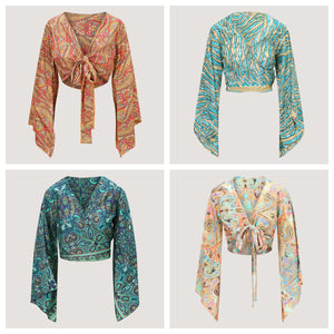A recycled Indian sari wrap top collection featuring beautiful prints designed by OMishka