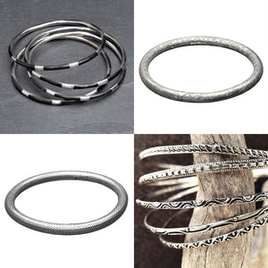 Artisan handmade, nickel free silver bangle collection designed by OMishka.