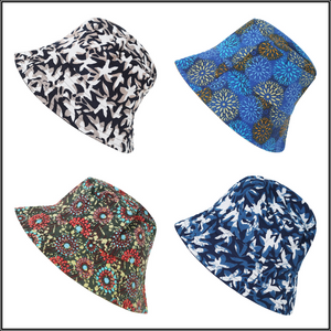 The OMishka collection of handmade block print, pure cotton, reversible bucket hats.