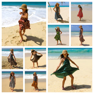 A beautiful collection of versatile 2-in-1 skirt dresses handmade from block print organic cotton featuring pretty prints and treasure pockets designed by OMishka. and 