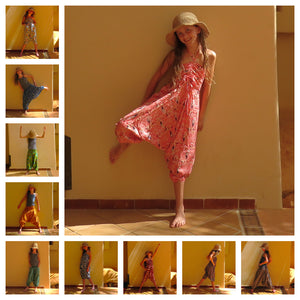 A collection of natural hand block print, organic cotton, 2-in-1 trouser jumpsuits designed by OMishka.