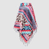 Colorful black patterned poncho with fringes on a light gray background