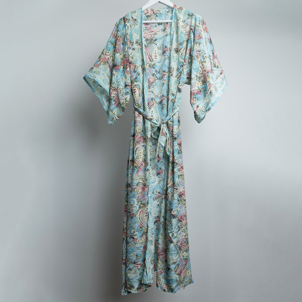 Blue Floral Gold Maxi Kimono