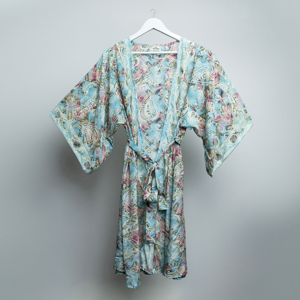 Blue Floral Gold Midi Kimono