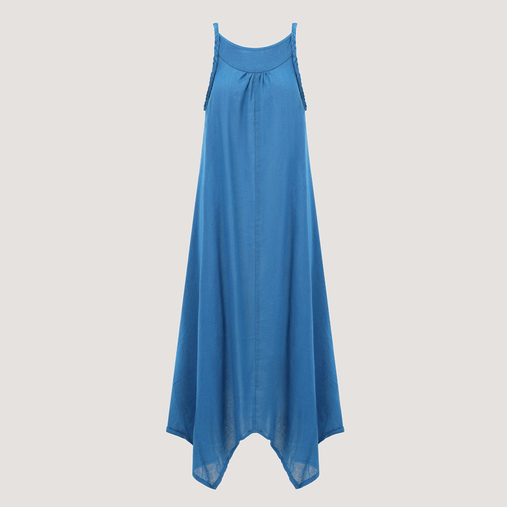 Blue handkerchief hem midi dress with a plait strap detail designed by OMishka