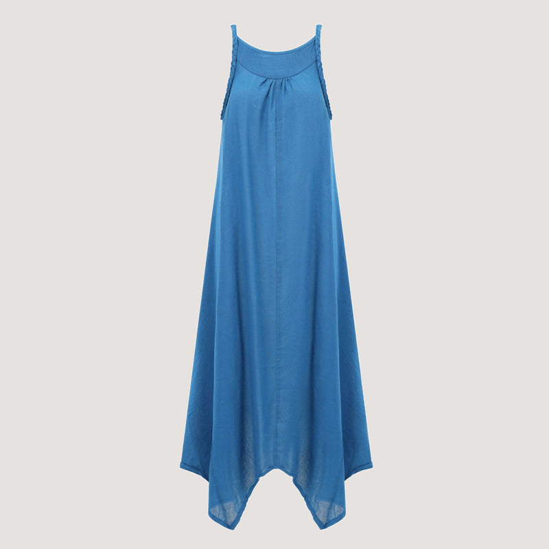 Blue handkerchief hem midi dress with a plait strap detail designed by OMishka