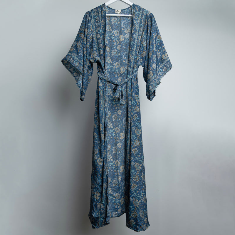 Blue Indian Flower Maxi Kimono