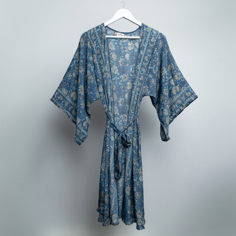 Blue Indian Flower Midi Kimono