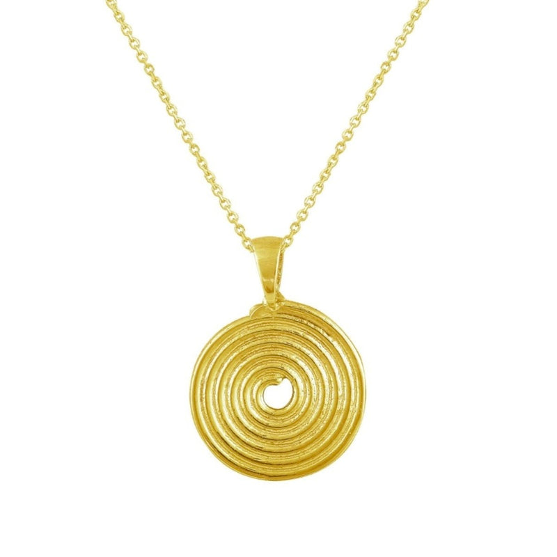 Brass necklace with a small spiral pendant on a brass chain.