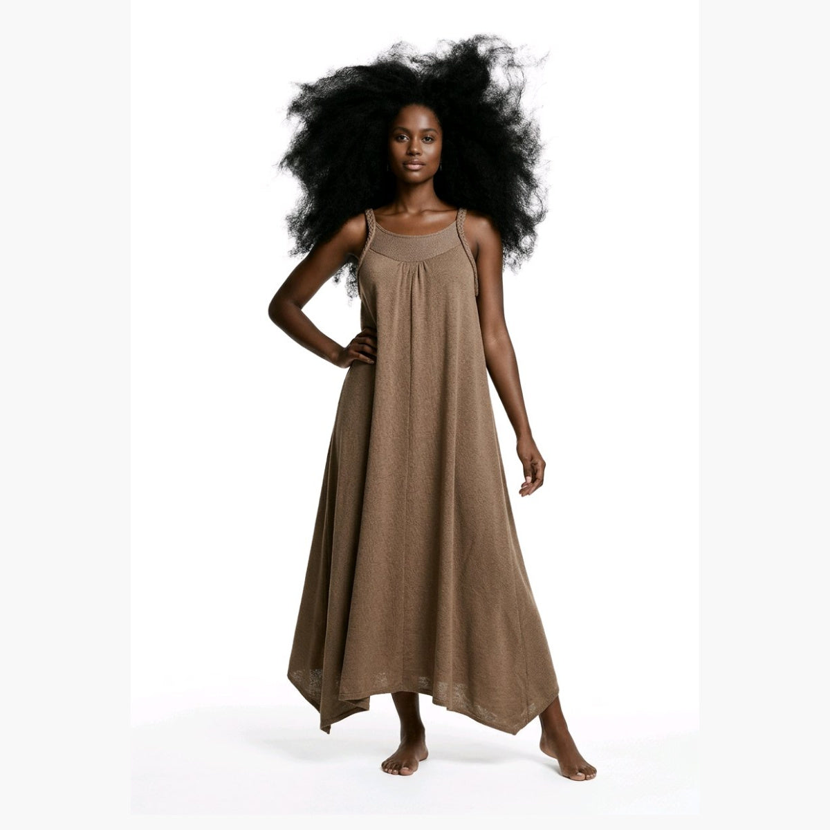 Brown Linen Hanky Hem Maxi Dress