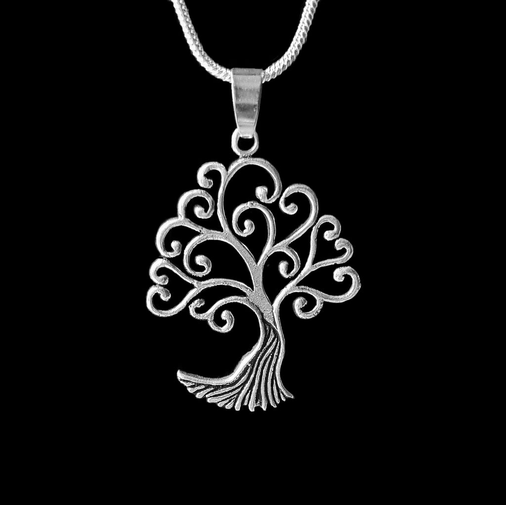 Curly branch open tree of life silver pendant.