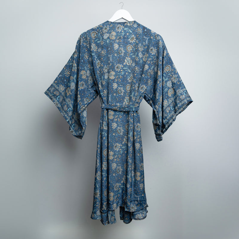 Blue Indian Flower Midi Kimono