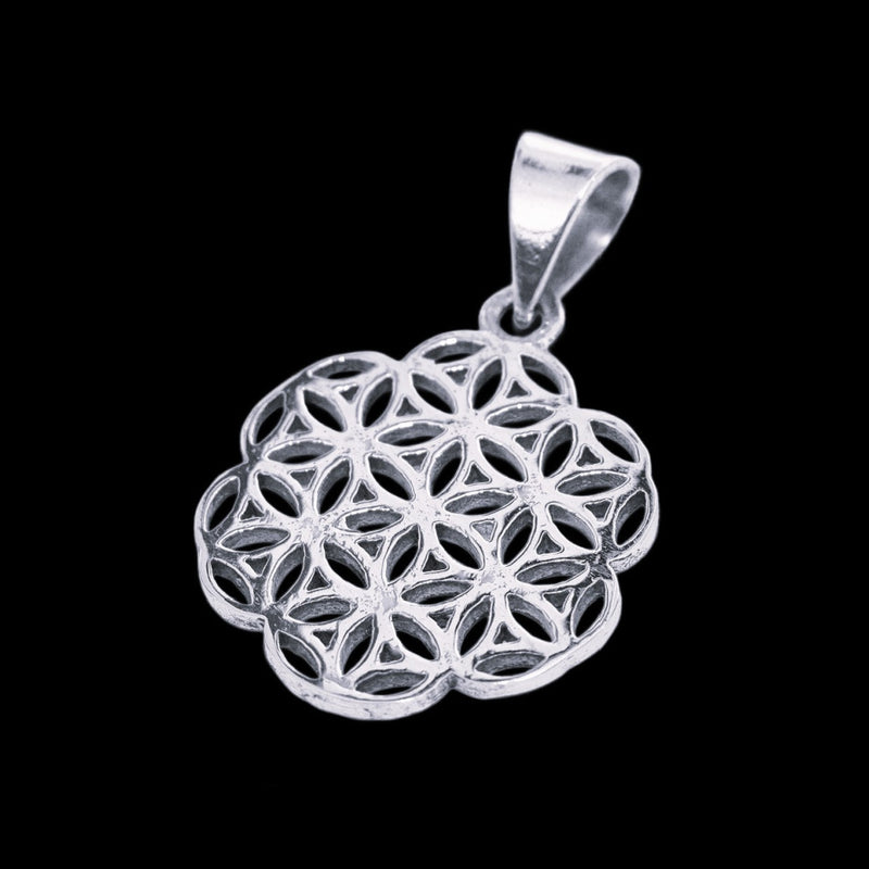 Silver flower of life sacred geometry pendant.
