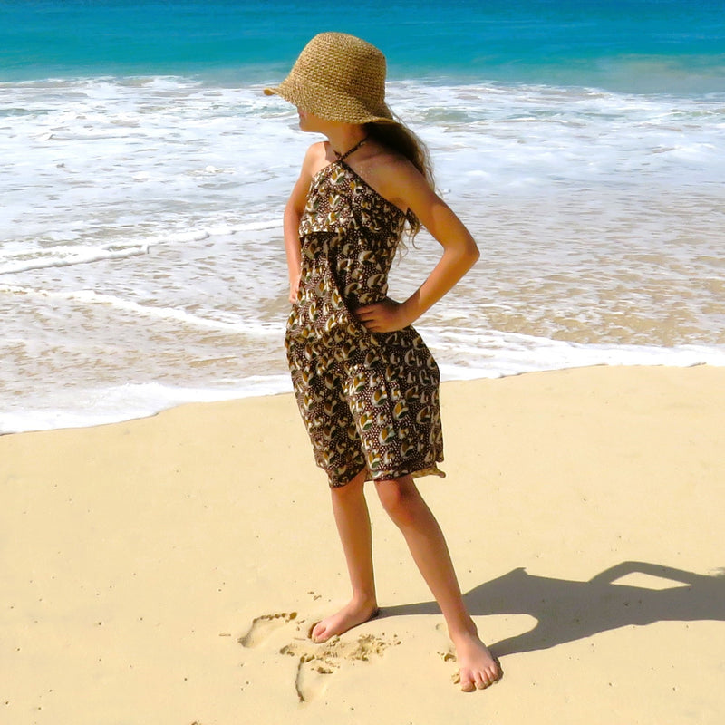 Kids' Palm Leaf - Brown Block Print Skirt Dress - OMishka Kids' Palm Leaf - Brown Block Print Skirt Dress - OMishka
