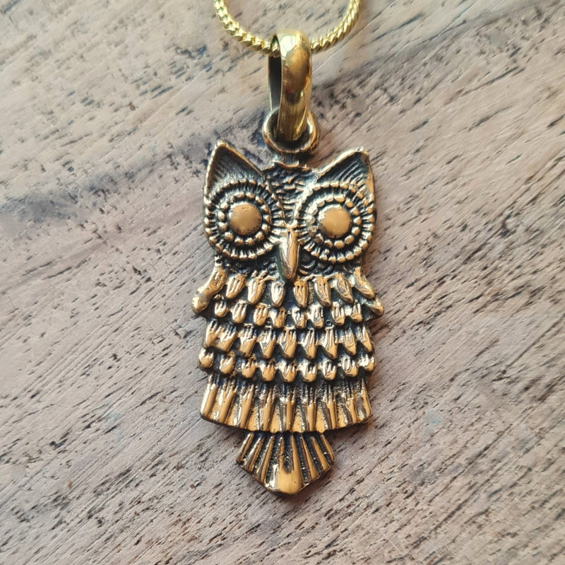Gold coloured brass owl necklace pendant.