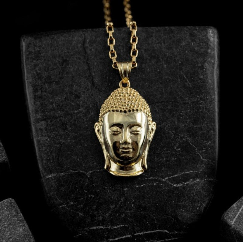 Golden coloured brass Siddhartha Buddha head pendant necklace.