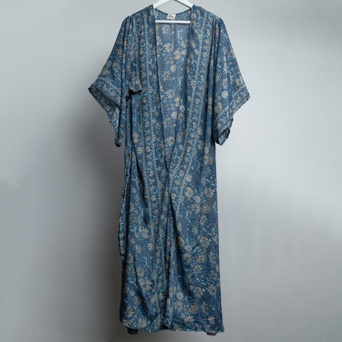 Blue Indian Flower Midi Kimono