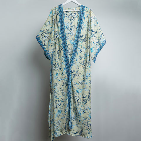 Blue Indian Flower Midi Kimono