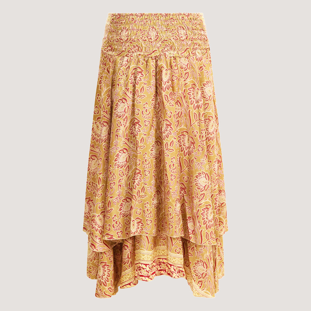 Beige brown lotus flower patterned, double layered recycled Indian sari silk, strapless dress 2-in-1 skirt designed by OMishka