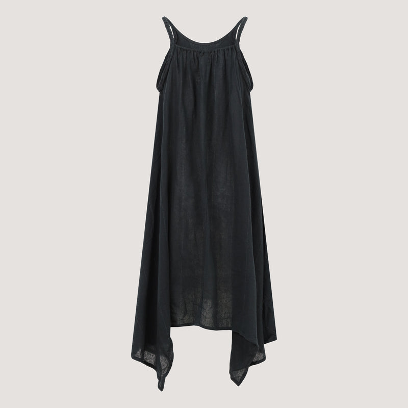 Black Linen Hanky Hem Midi Dress