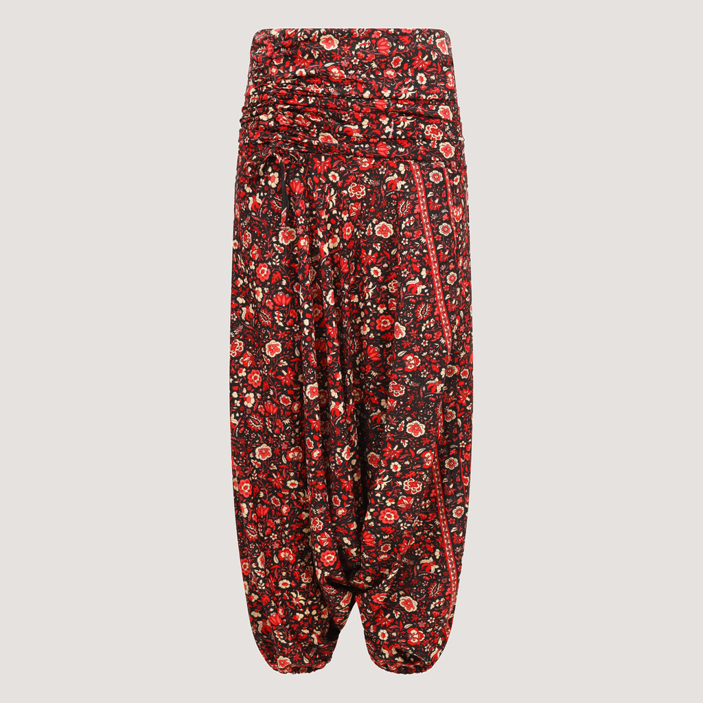 Black and red ditsy floral print, recycled Indian sari silk, harem trousers 2-in-1 bandeau jumpsuit designed by OMishka