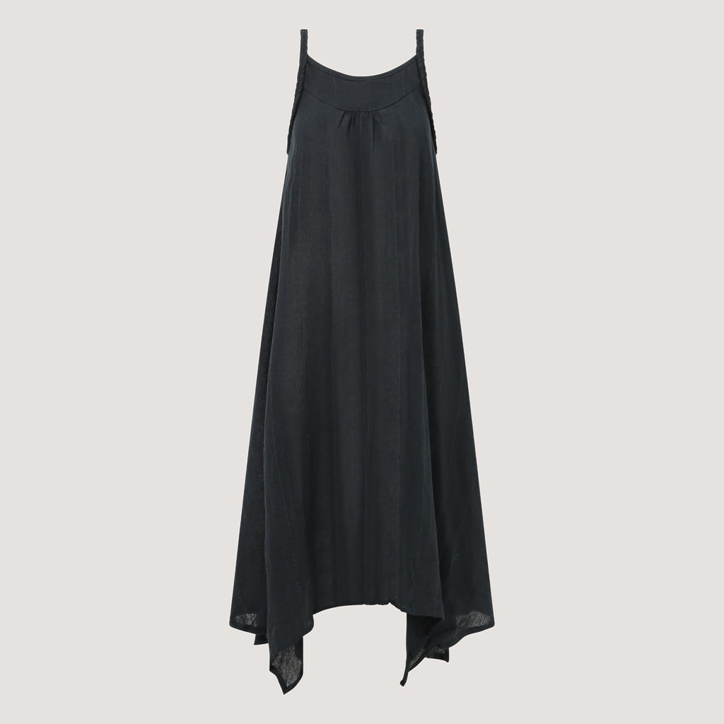Black handkerchief hem midi dress with a plait strap detail designed by OMishka