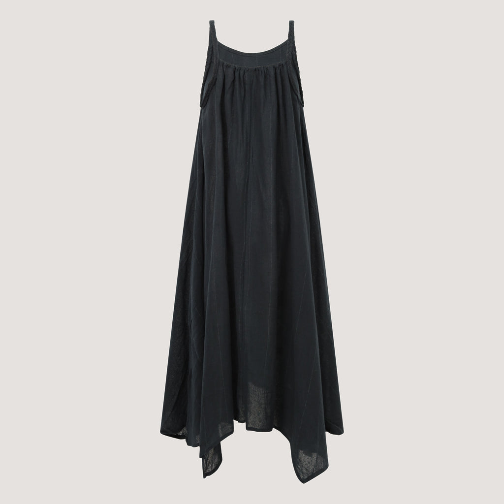 Black hanky hem midi dress with a plait strap detail designed by OMishka