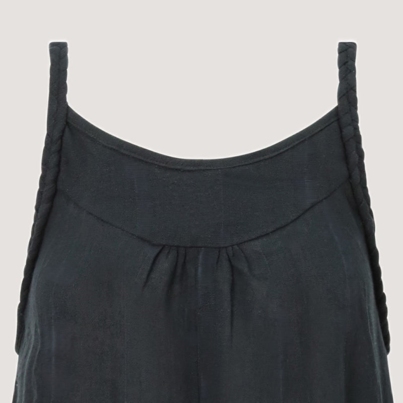 Black linen handkerchief hem midi dress with a plait strap detail designed by OMishka