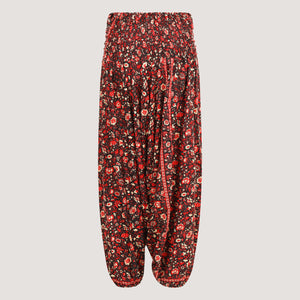 Black and red ditsy floral print, recycled Indian sari silk, strapless jumpsuit 2-in-1 harem trousers designed by OMishka