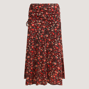 Black and red ditsy floral print, recycled Indian sari silk, 2-in-1 A-line skirt dress designed by OMishka