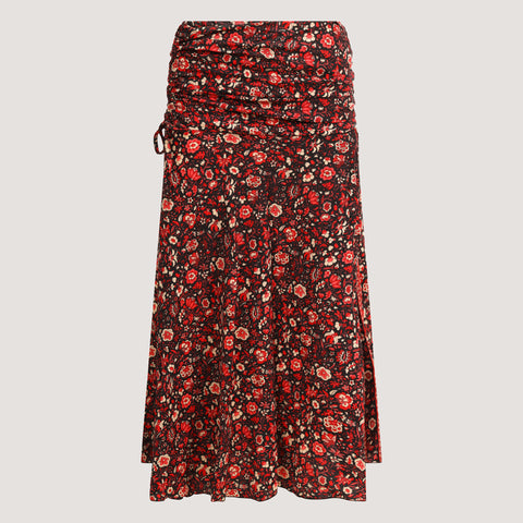 Red & Gold Floral Swirl Print Silk 2-in-1 Skirt Dress