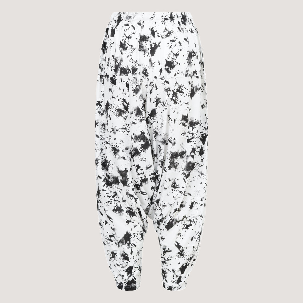 White with black patches super-soft jersey bamboo harem pants designed by OMishka