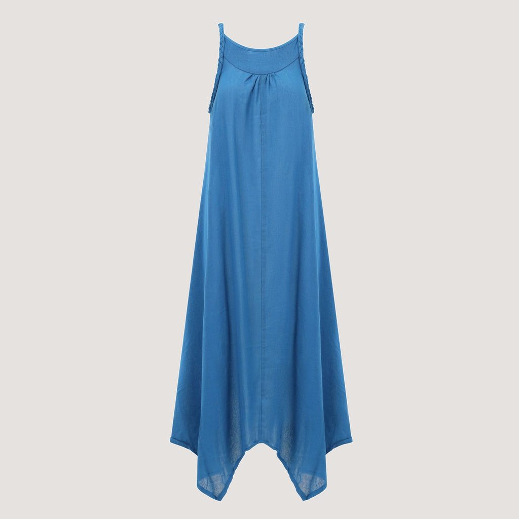 Blue Linen Hanky Hem Maxi Dress