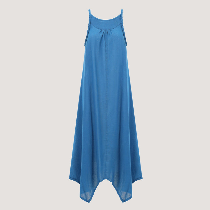 Blue Linen Hanky Hem Maxi Dress