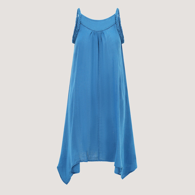 Blue Linen Hanky Hem Midi Dress