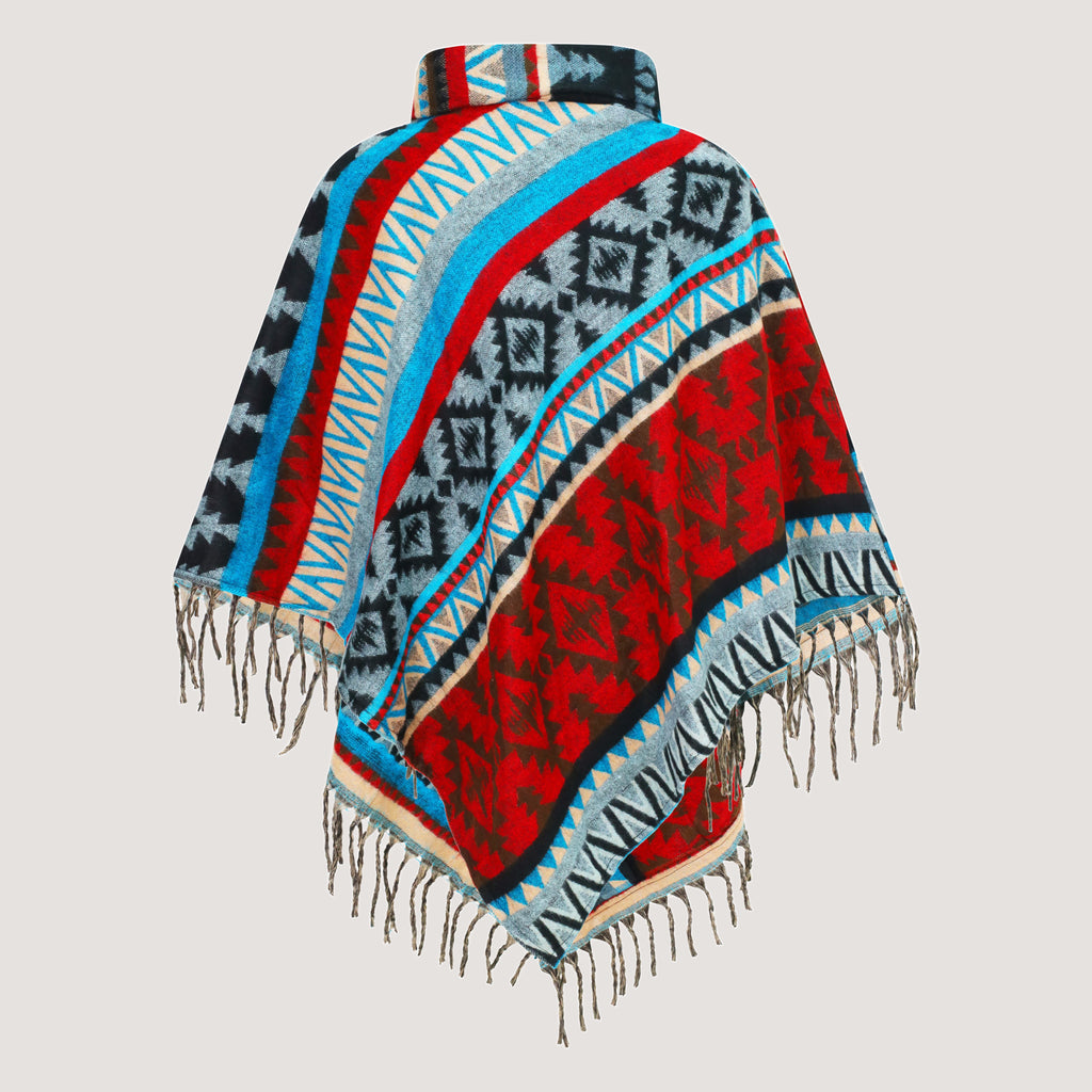 Blue mix, cowl neck poncho featuring an Aztec pattern and a fringed hemline designed by OMishka