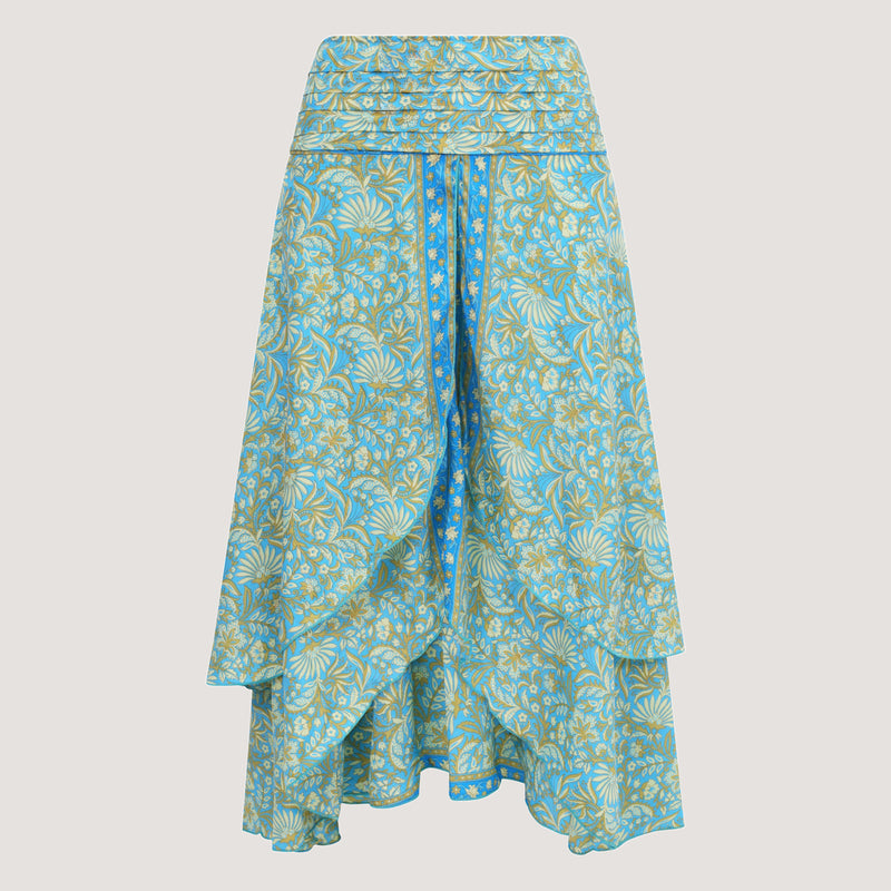 Blue floral print, double layered, recycled Indian sari silk 2-in-1 skirt dress designed by OMishka