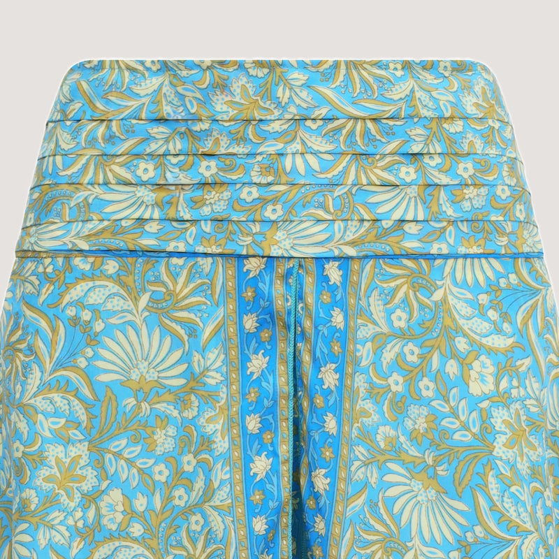 Blue floral print, double layered, recycled Indian sari silk skirt 2-in-1 dress designed by OMishka